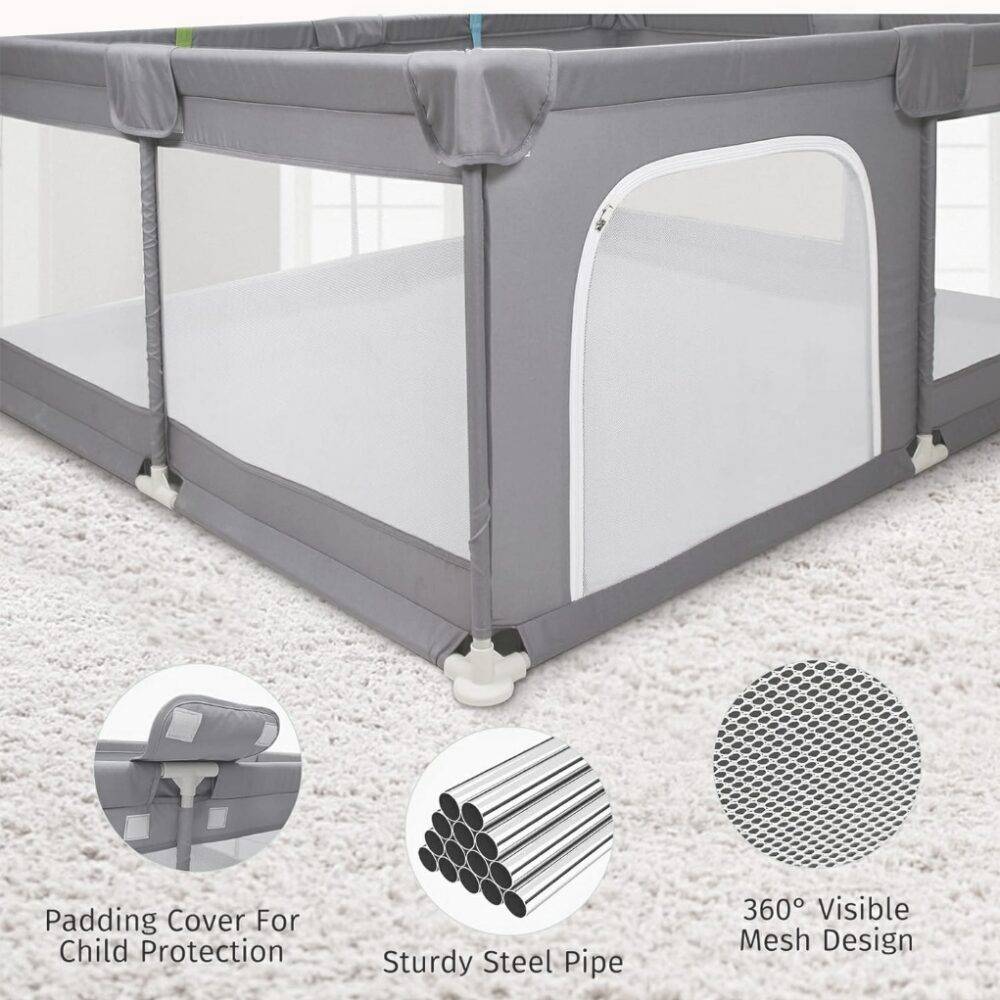 Portable baby playpen with 2 pull rings and carry bag, featuring a foam bumper fence and breathable mesh sides for a safe indoor and outdoor play area.