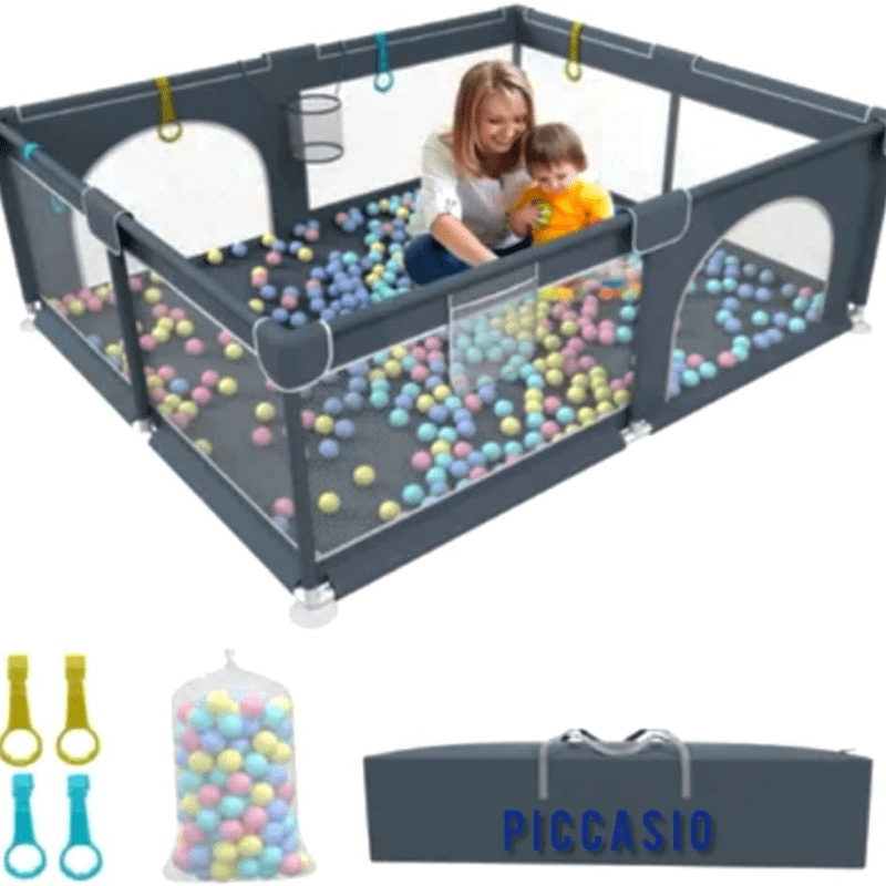 Elegant baby playpen (120x120 cm) with 10 non-toxic pit balls and 2 pull rings, providing a safe and engaging play yard for babies, no bag included.