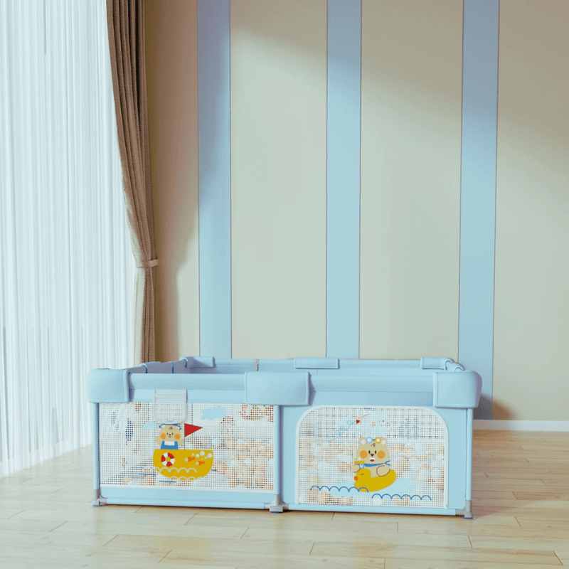 Multicolor baby playpen (120x120 cm) with balls, basketball, and accessories, offering a stylish and versatile play fence for babies and toddlers.