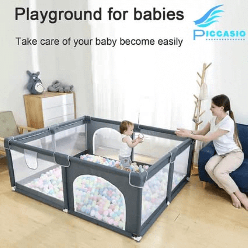 Extra large baby playpen (180x150 cm) with gate, balls, and accessories, providing a safe, portable, and packable activity center for toddlers.