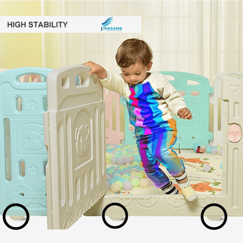 Versatile baby playpen (120x120 cm) with soft play mat and 50 non-toxic pit balls, offering a safe and engaging play area for babies and toddlers.