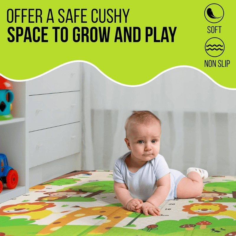Foldable baby play mat (150x180 cm), waterproof luxurious foam, 1.3 cm thick, perfect for infants, toddlers, and babies for indoor and outdoor use.