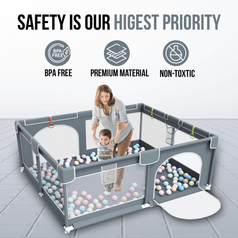 Elegant baby playpen (120x120 cm) with 10 non-toxic pit balls and 2 pull rings, providing a safe and engaging play yard for babies, no bag included.