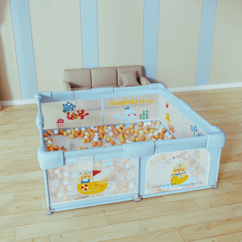 Multicolor baby playpen (120x120 cm) with balls, basketball, and accessories, offering a stylish and versatile play fence for babies and toddlers.