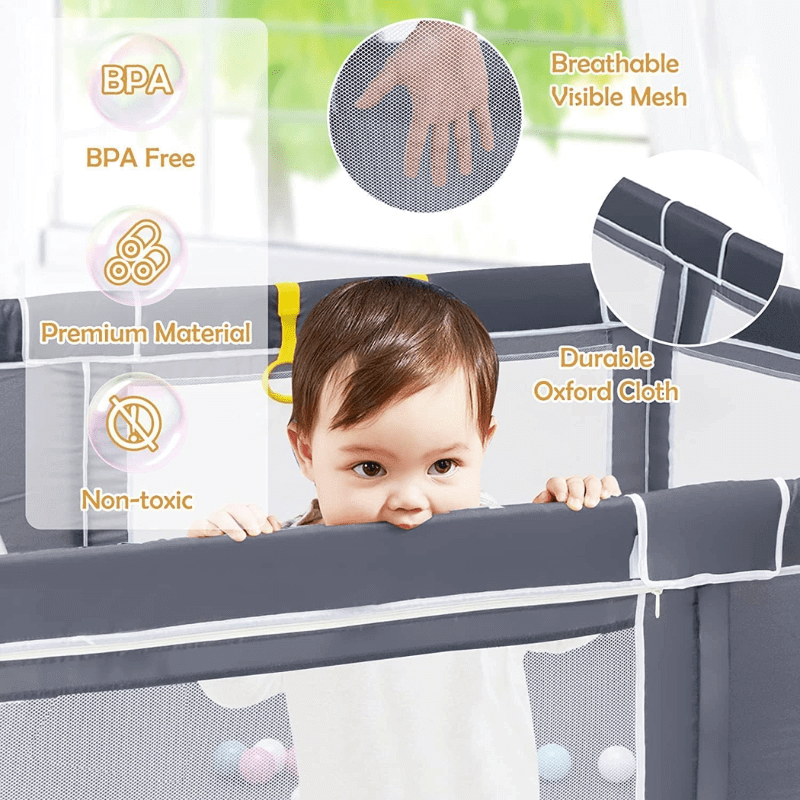 Extra large baby playpen (180x150 cm) with gate, balls, and accessories, providing a safe, portable, and packable activity center for toddlers.