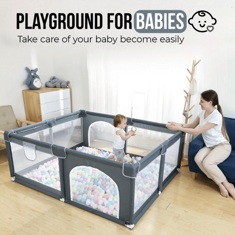 Elegant baby playpen (120x120 cm) with 10 non-toxic pit balls and 2 pull rings, providing a safe and engaging play yard for babies, no bag included.