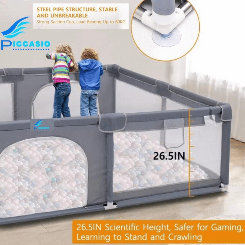 Extra large baby playpen (180x150 cm) with gate, balls, and accessories, providing a safe, portable, and packable activity center for toddlers.