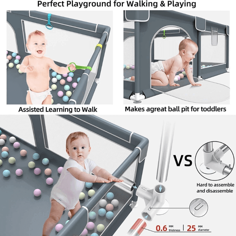 Versatile baby playpen (120x120 cm) with soft play mat and 20 non-toxic pit balls, offering a safe and stylish play yard for babies and toddlers.