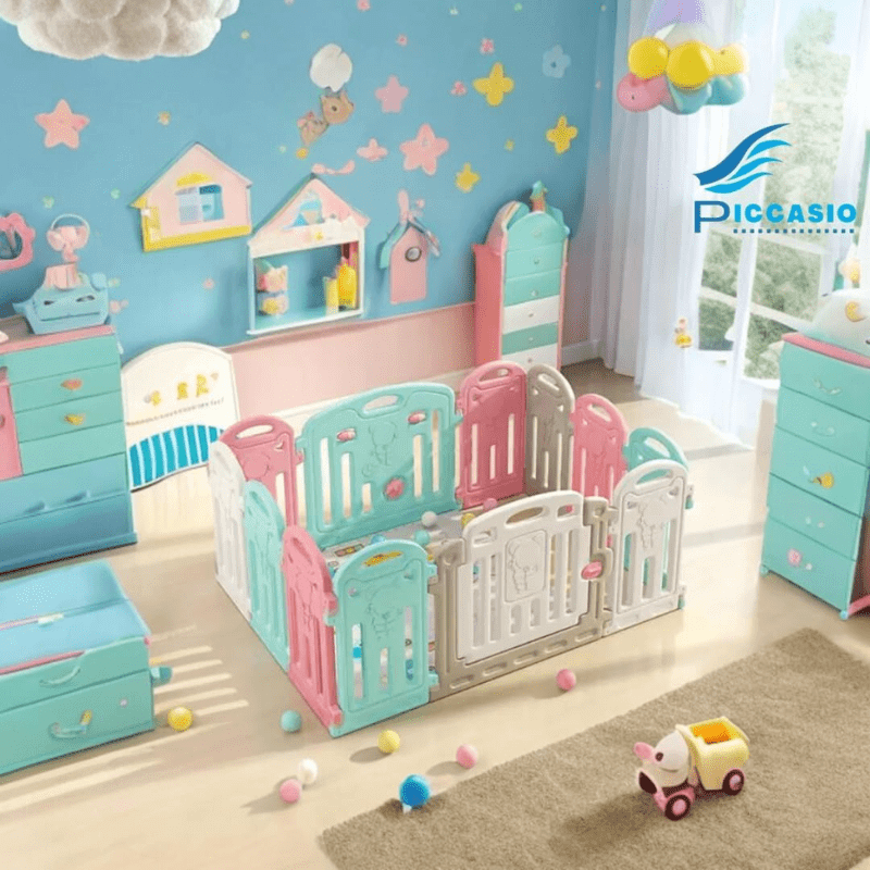 Versatile baby playpen (120x120 cm) with soft play mat and 50 non-toxic pit balls, offering a safe and engaging play area for babies and toddlers.