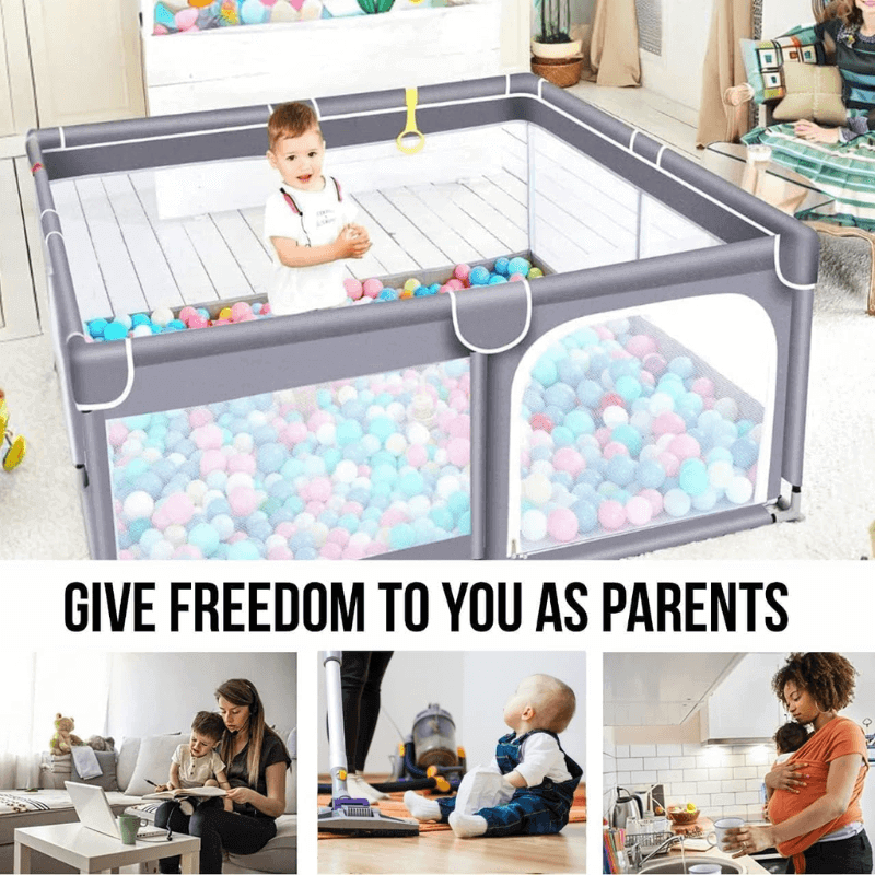 Versatile baby playpen (120x120 cm) with soft play mat and 20 non-toxic pit balls, offering a safe and stylish play yard for babies and toddlers.