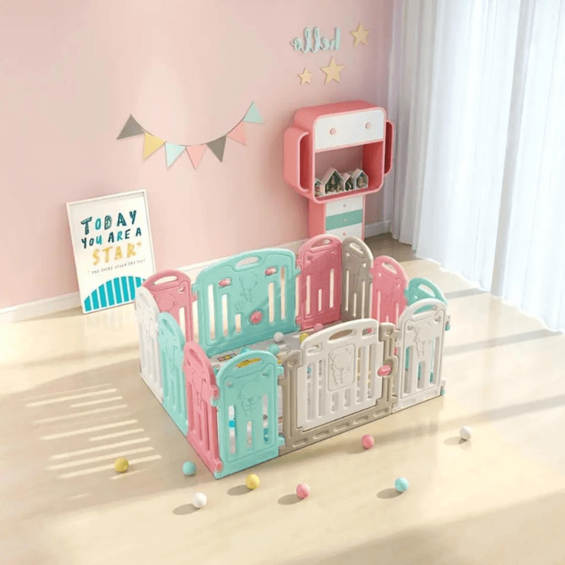 Versatile baby playpen (120x120 cm) with soft play mat and 50 non-toxic pit balls, offering a safe and engaging play area for babies and toddlers.