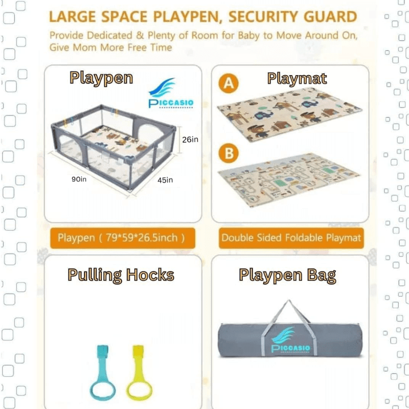 Extra large baby playpen (180x150 cm) with gate, balls, and accessories, providing a safe, portable, and packable activity center for toddlers.