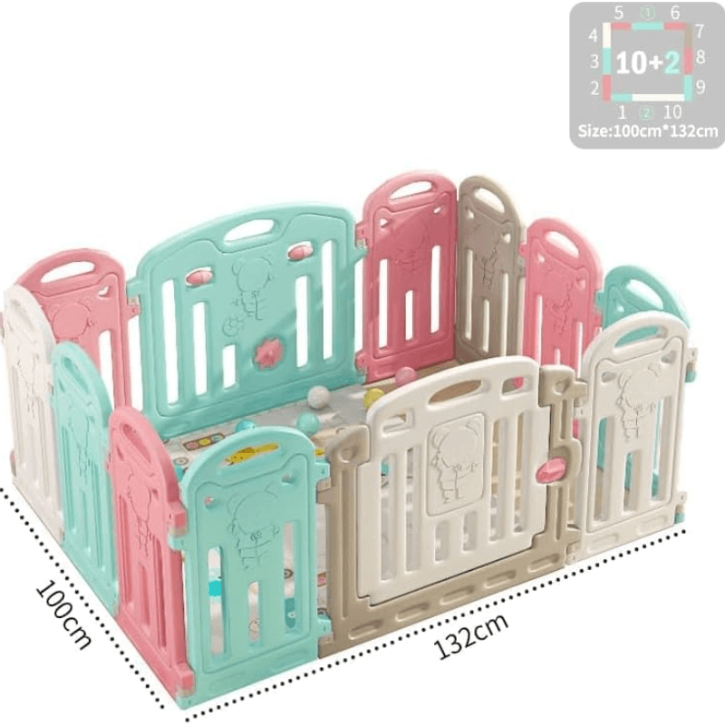 Versatile baby playpen (120x120 cm) with soft play mat and 50 non-toxic pit balls, offering a safe and engaging play area for babies and toddlers.