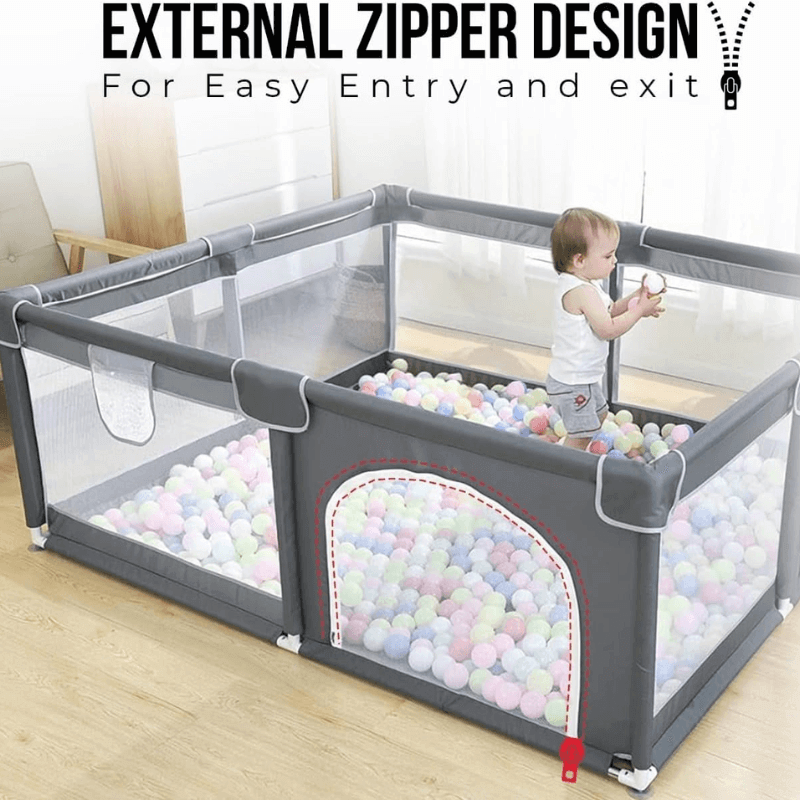 Versatile baby playpen (120x120 cm) with soft play mat and 20 non-toxic pit balls, offering a safe and stylish play yard for babies and toddlers.
